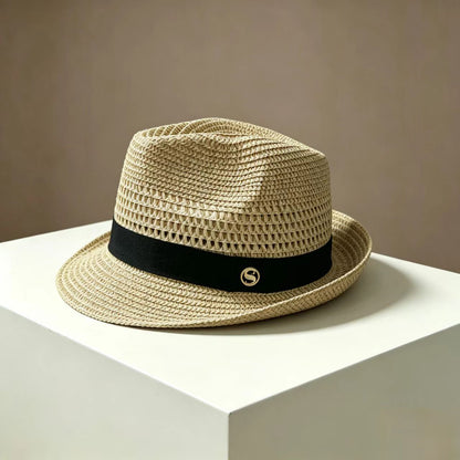 French Style Stripe Fedora Hat With Curved Brim, Breathable Straw Material Featuring Hollow Out Design For Adults