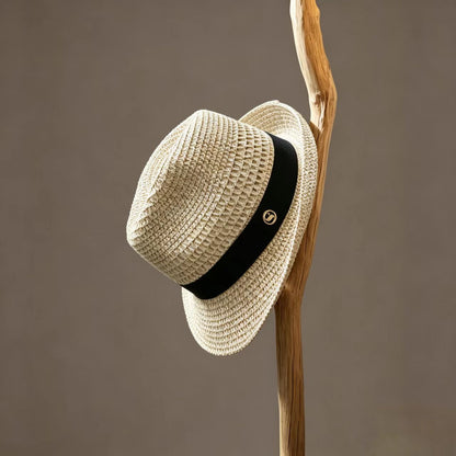 French Style Stripe Fedora Hat With Curved Brim, Breathable Straw Material Featuring Hollow Out Design For Adults