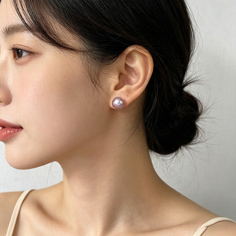 Simple Style Natural Deep Purple Freshwater Pearl Stud Earrings With 7-8mm Baroque Pearls In 925 Sterling Silver For Women