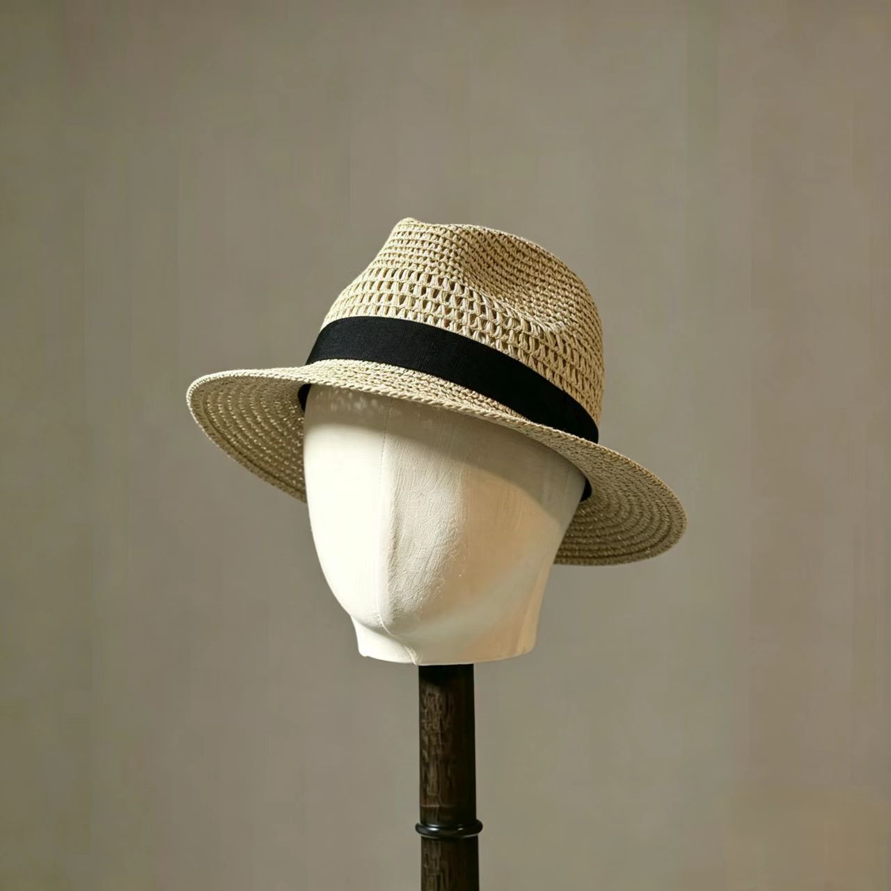 French Style Stripe Fedora Hat With Curved Brim, Breathable Straw Material Featuring Hollow Out Design For Adults