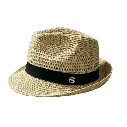 French Style Stripe Fedora Hat With Curved Brim, Breathable Straw Material Featuring Hollow Out Design For Adults