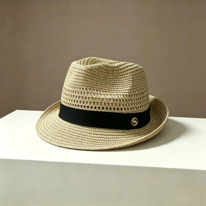 French Style Stripe Fedora Hat With Curved Brim, Breathable Straw Material Featuring Hollow Out Design For Adults