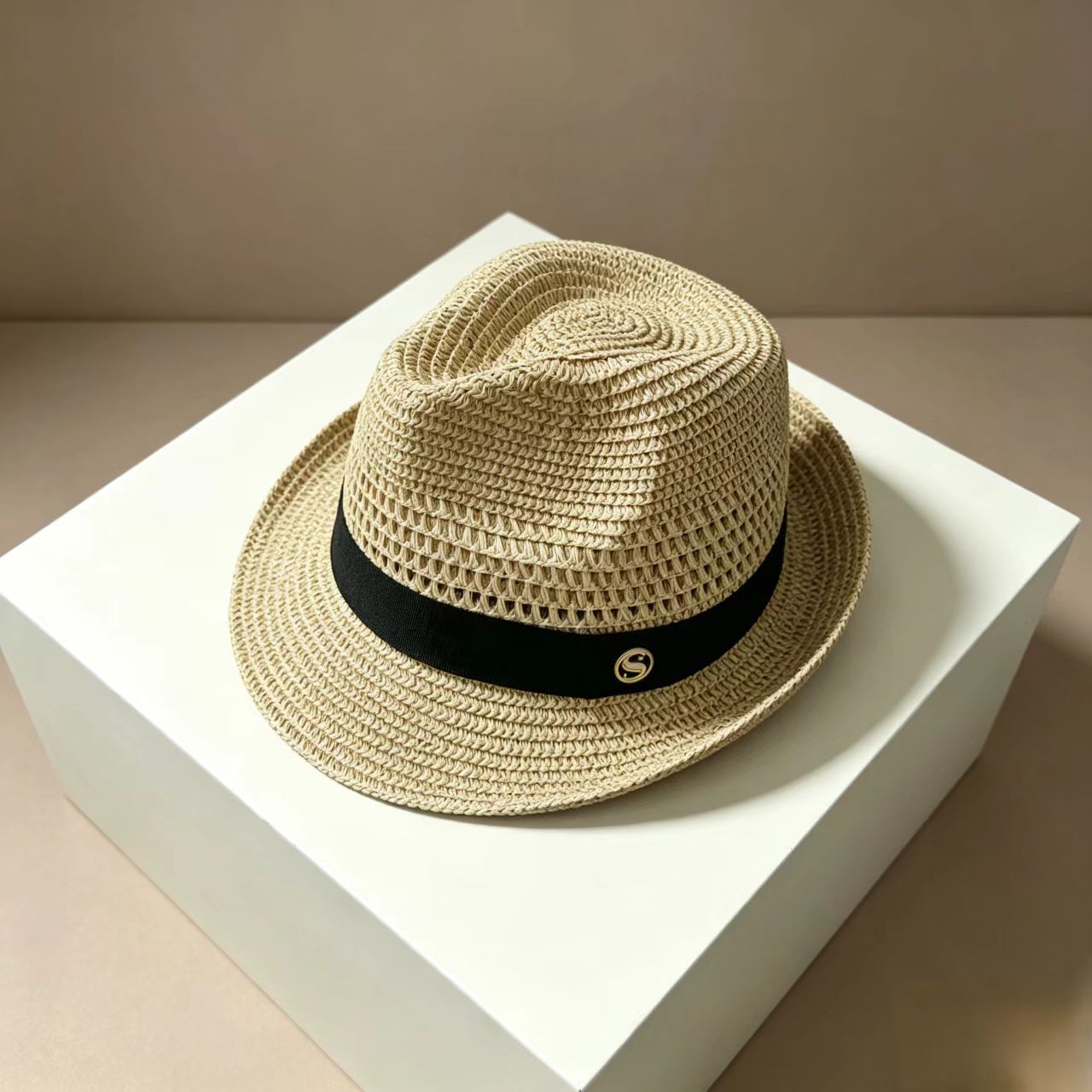 French Style Stripe Fedora Hat With Curved Brim, Breathable Straw Material Featuring Hollow Out Design For Adults