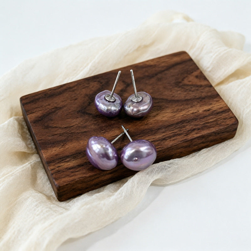 Simple Style Natural Deep Purple Freshwater Pearl Stud Earrings With 7-8mm Baroque Pearls In 925 Sterling Silver For Women