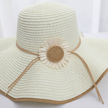Original Design Women's Straw Wide Brim Hat With Flowers, Handmade UV Protection Adult Hat