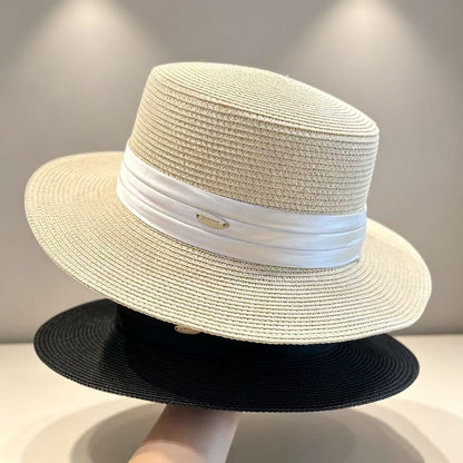 Solid Color French Style Wide Brim Straw Hat For Women, Breathable Design With Braid Craftsmanship