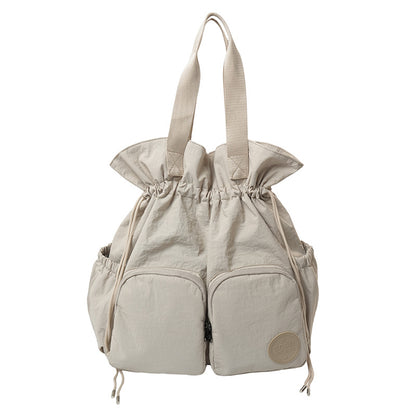 Solid Color Nylon Functional Backpack For Women With Sewing Thread Detail, Double Shoulder Straps, Ideal For Spring And Summer