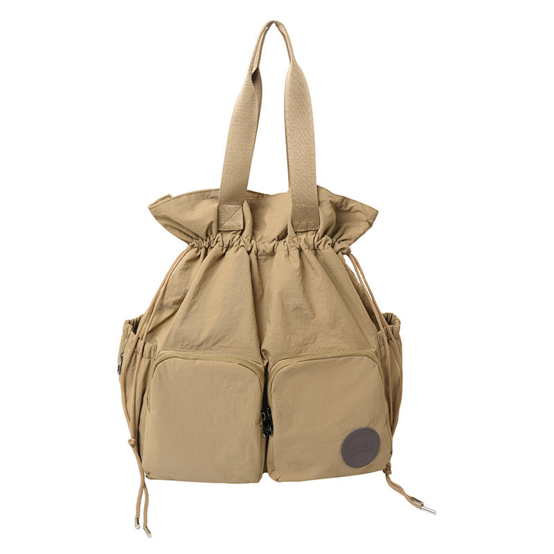 Solid Color Nylon Functional Backpack For Women With Sewing Thread Detail, Double Shoulder Straps, Ideal For Spring And Summer