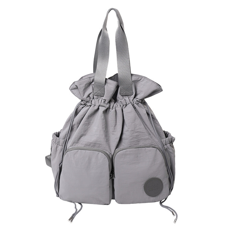 Solid Color Nylon Functional Backpack For Women With Sewing Thread Detail, Double Shoulder Straps, Ideal For Spring And Summer
