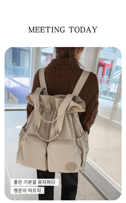 Solid Color Nylon Functional Backpack For Women With Sewing Thread Detail, Double Shoulder Straps, Ideal For Spring And Summer
