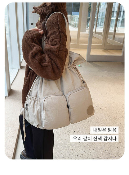 Solid Color Nylon Functional Backpack For Women With Sewing Thread Detail, Double Shoulder Straps, Ideal For Spring And Summer