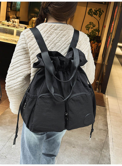 Solid Color Nylon Functional Backpack For Women With Sewing Thread Detail, Double Shoulder Straps, Ideal For Spring And Summer