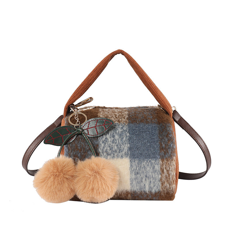 Women’s Houndstooth Woolen Pillow Shape Bag With Sewing Thread Detail And Single Shoulder Strap