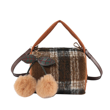 Women’s Houndstooth Woolen Pillow Shape Bag With Sewing Thread Detail And Single Shoulder Strap