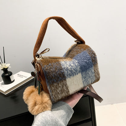 Women’s Houndstooth Woolen Pillow Shape Bag With Sewing Thread Detail And Single Shoulder Strap
