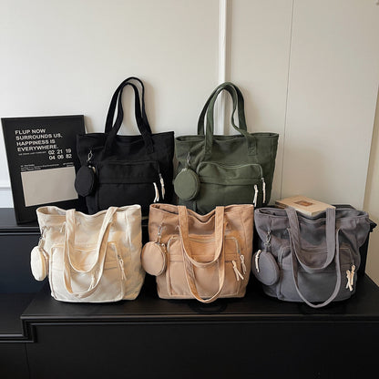 Women's Solid Color Polyester Tote Bag With Sewing Thread Detail, Single Shoulder Strap, Perfect For Spring