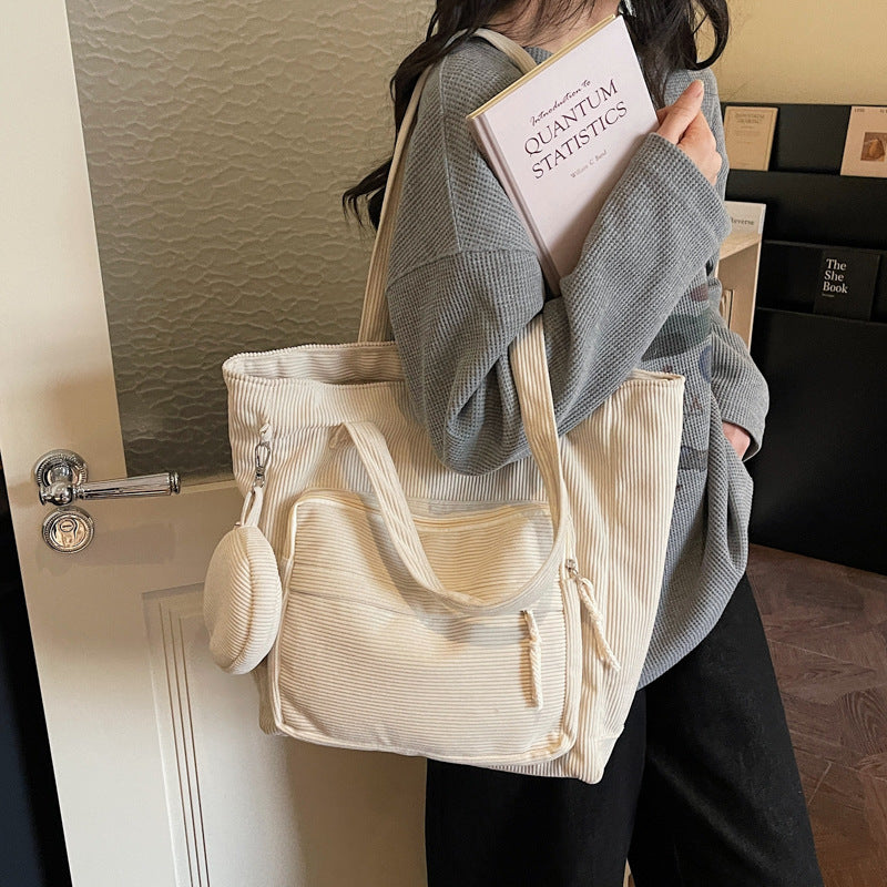 Women's Solid Color Polyester Tote Bag With Sewing Thread Detail, Single Shoulder Strap, Perfect For Spring
