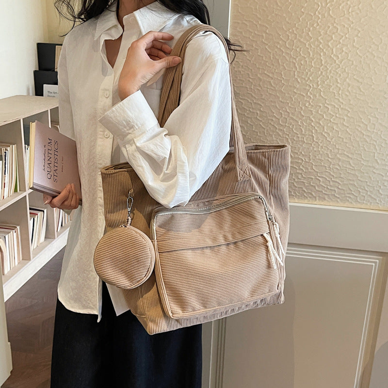 Women's Solid Color Polyester Tote Bag With Sewing Thread Detail, Single Shoulder Strap, Perfect For Spring