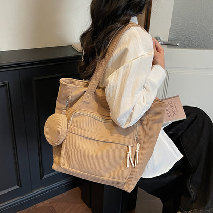 Women's Solid Color Polyester Tote Bag With Sewing Thread Detail, Single Shoulder Strap, Perfect For Spring