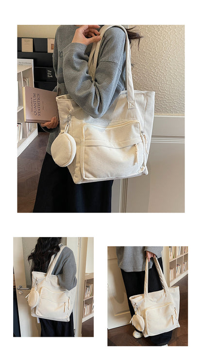 Women's Solid Color Polyester Tote Bag With Sewing Thread Detail, Single Shoulder Strap, Perfect For Spring