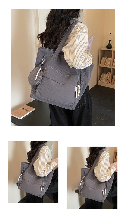 Women's Solid Color Polyester Tote Bag With Sewing Thread Detail, Single Shoulder Strap, Perfect For Spring