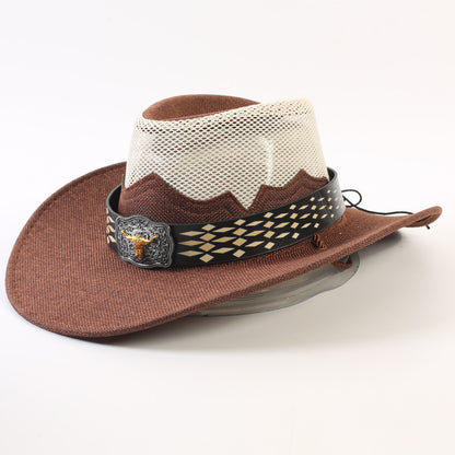 Unisex Cowboy Style Solid Color Straw Hat With Wide Brim, Breathable Design Featuring Braid Craftsmanship