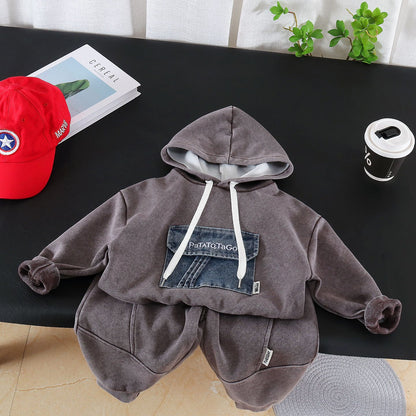 Letter Pattern Denim Pant Co-ord Set For Boys In Grey Featuring Printing, 2 Pieces Kids Clothing Set