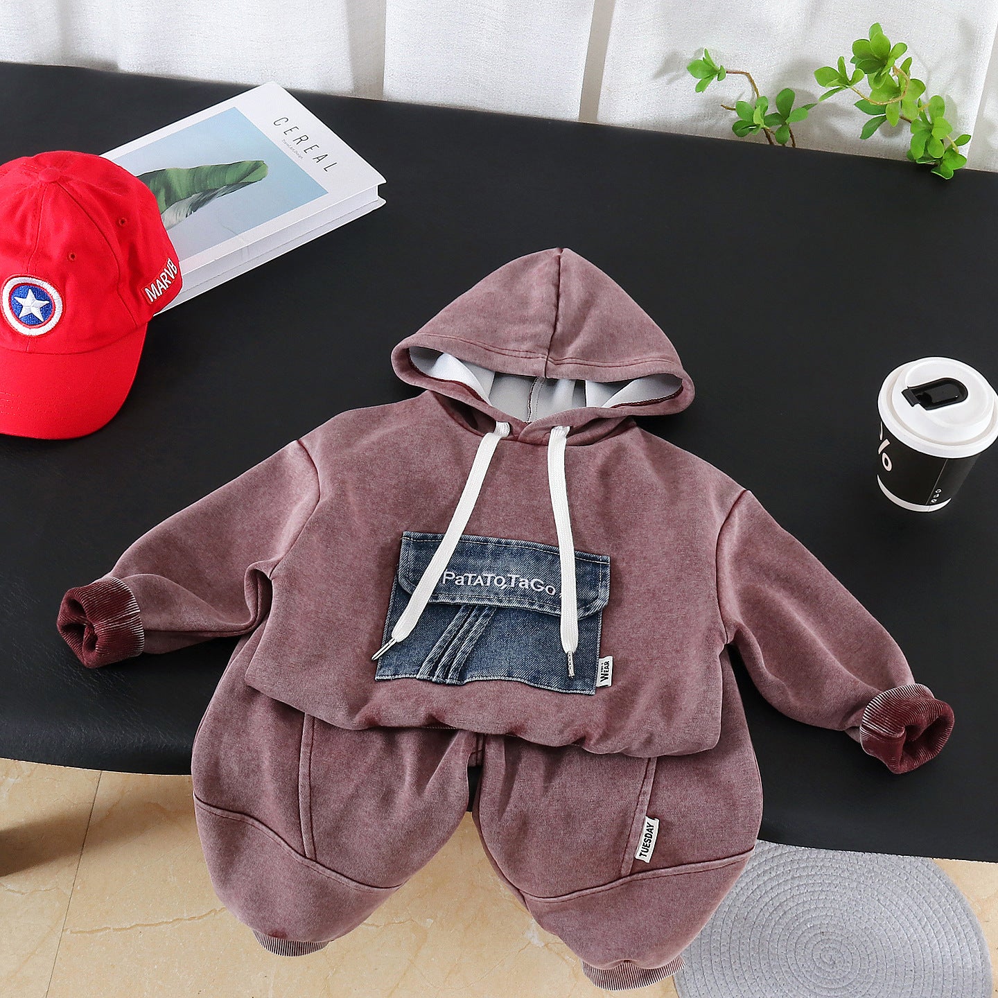 Letter Pattern Denim Pant Co-ord Set For Boys In Grey Featuring Printing, 2 Pieces Kids Clothing Set
