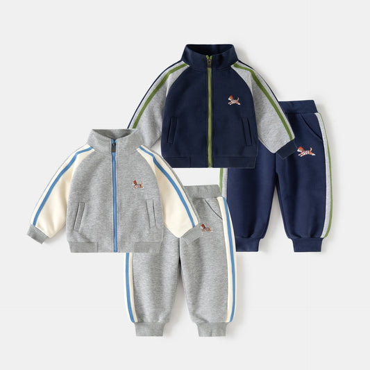 Cartoon Sport Cotton Boys' Pant Co-ord Set In Navy Blue, 2 Pieces Kids Clothing Set