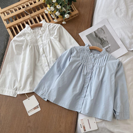 Preppy Style Solid Color Cotton Girls' Shirt In White With Lapel Collar And Long Sleeves