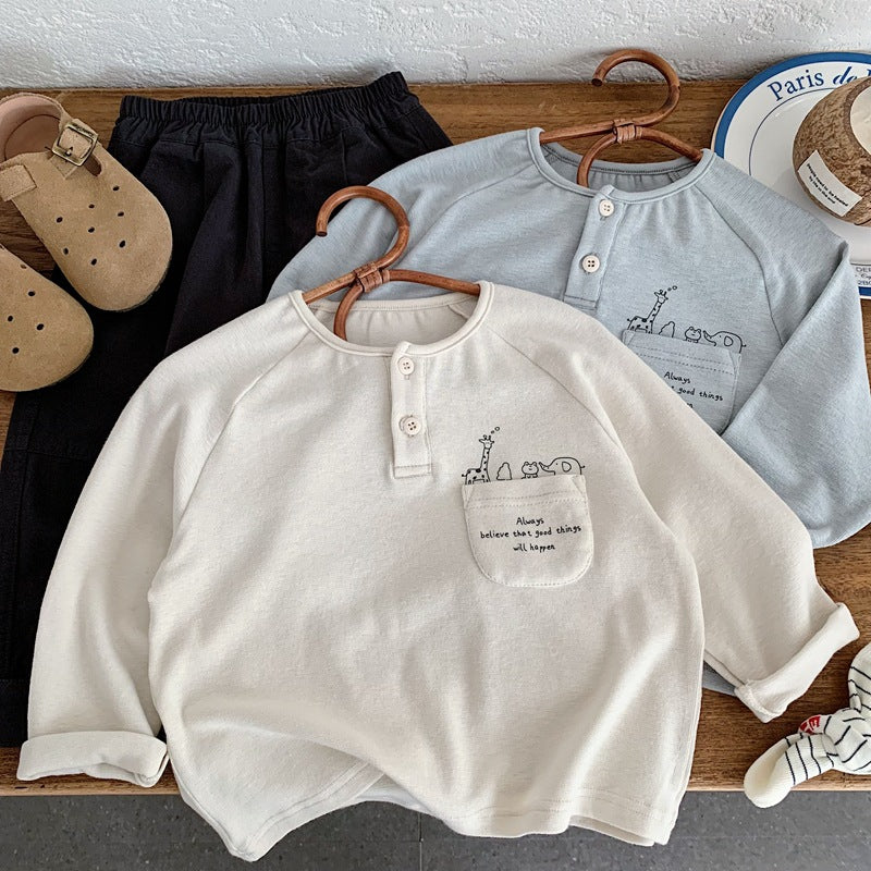 Boy's Cartoon Cotton Children's T-shirt In Apricot With Round Neck And Long Sleeves For Babies 0-2 Years