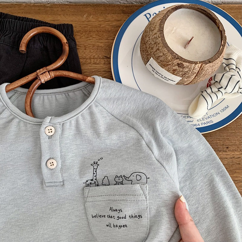 Boy's Cartoon Cotton Children's T-shirt In Apricot With Round Neck And Long Sleeves For Babies 0-2 Years