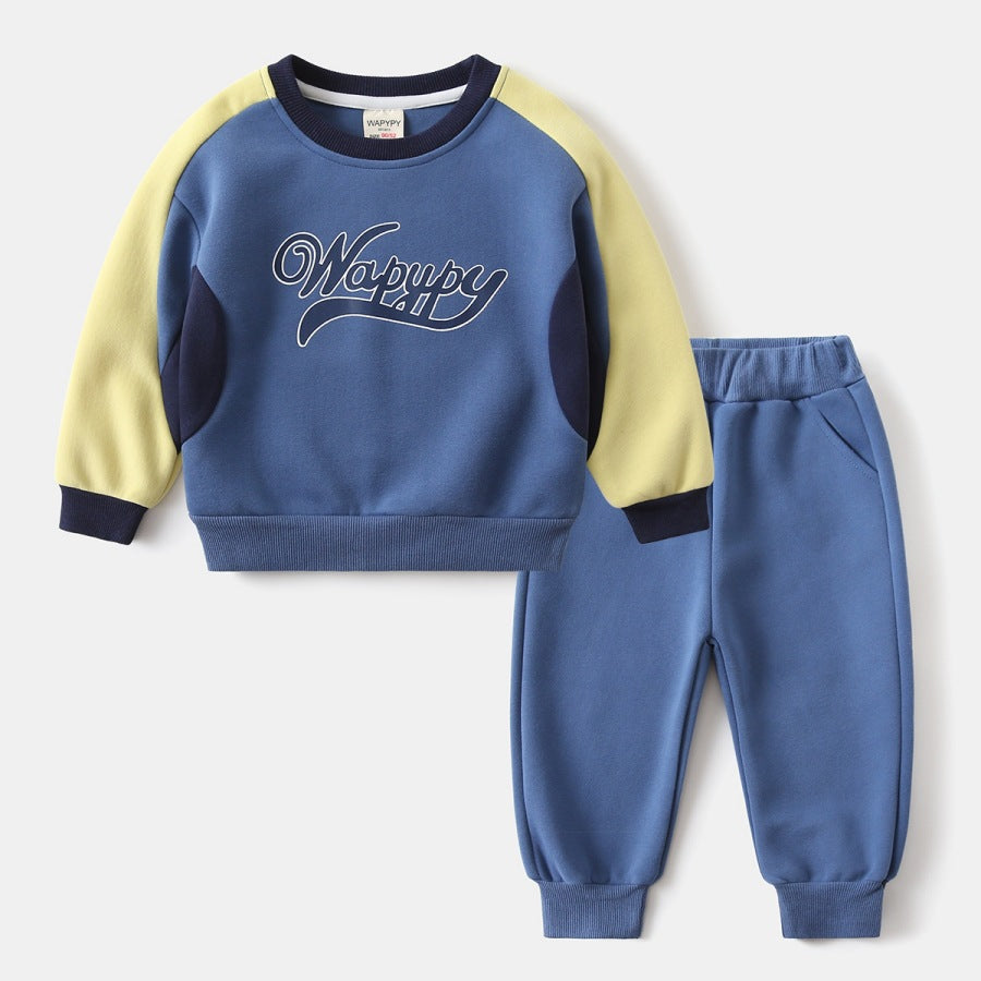 Boy's Sport Letter Pattern Sweatshirt & Hoodie Co-ord Set In Navy Blue Cotton 2 Pieces Set