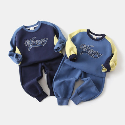 Boy's Sport Letter Pattern Sweatshirt & Hoodie Co-ord Set In Navy Blue Cotton 2 Pieces Set