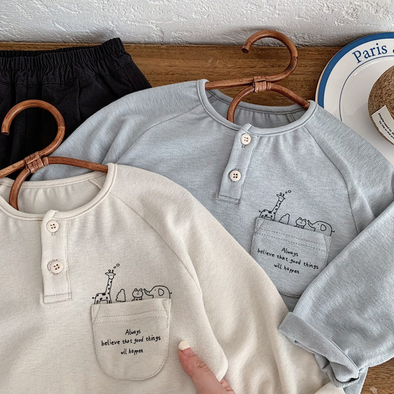 Boy's Cartoon Cotton Children's T-shirt In Apricot With Round Neck And Long Sleeves For Babies 0-2 Years