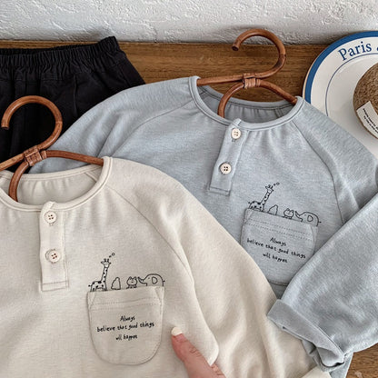 Boy's Cartoon Cotton Children's T-shirt In Apricot With Round Neck And Long Sleeves For Babies 0-2 Years