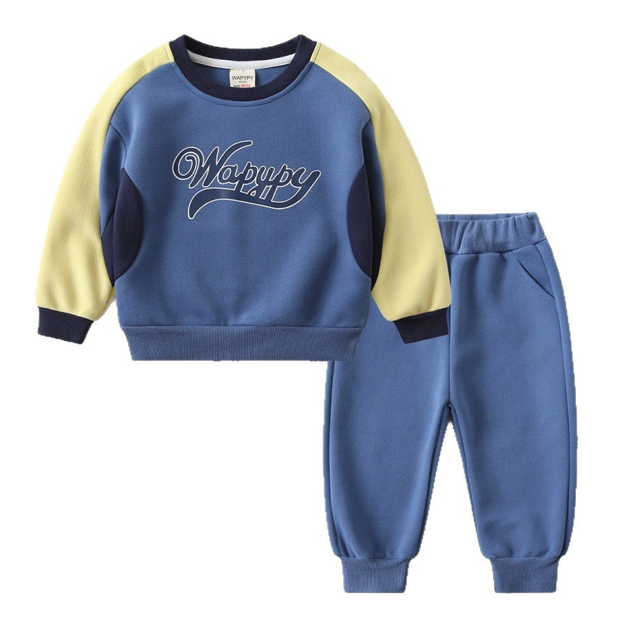 Boy's Sport Letter Pattern Sweatshirt & Hoodie Co-ord Set In Navy Blue Cotton 2 Pieces Set