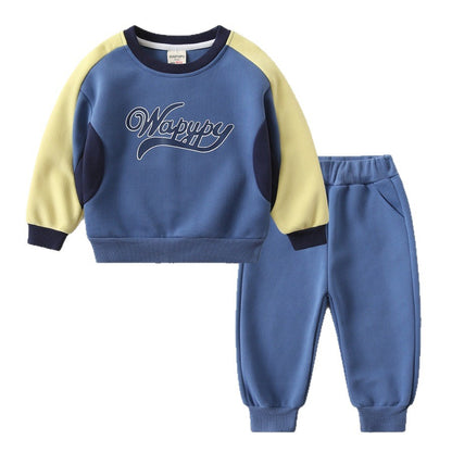 Boy's Sport Letter Pattern Sweatshirt & Hoodie Co-ord Set In Navy Blue Cotton 2 Pieces Set