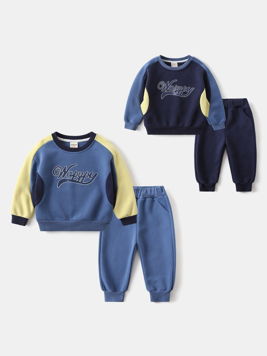 Boy's Sport Letter Pattern Sweatshirt & Hoodie Co-ord Set In Navy Blue Cotton 2 Pieces Set