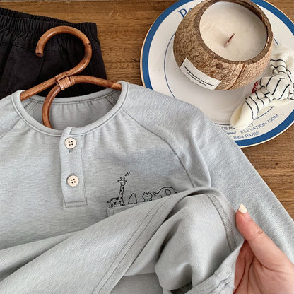 Boy's Cartoon Cotton Children's T-shirt In Apricot With Round Neck And Long Sleeves For Babies 0-2 Years