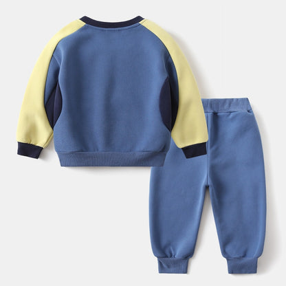 Boy's Sport Letter Pattern Sweatshirt & Hoodie Co-ord Set In Navy Blue Cotton 2 Pieces Set