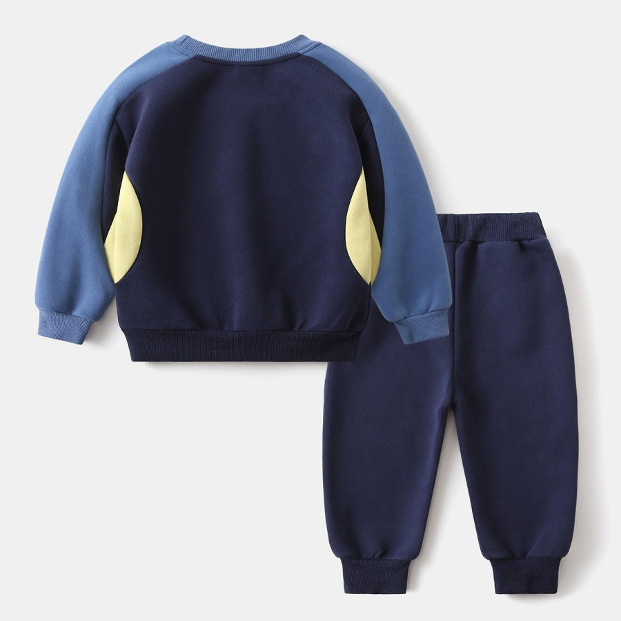 Boy's Sport Letter Pattern Sweatshirt & Hoodie Co-ord Set In Navy Blue Cotton 2 Pieces Set