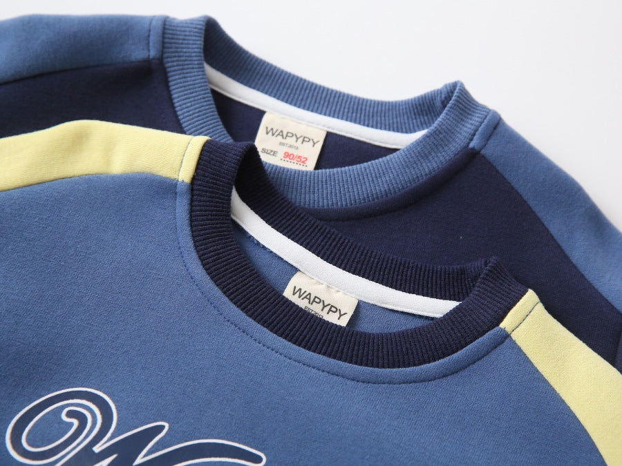 Boy's Sport Letter Pattern Sweatshirt & Hoodie Co-ord Set In Navy Blue Cotton 2 Pieces Set