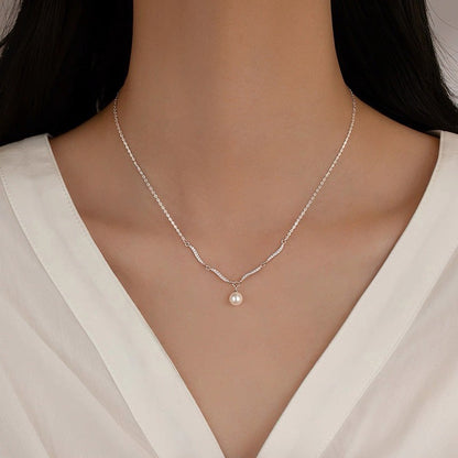 Silver Pearl Necklace For Women In 925 Sterling Silver With Electroplated Finish And Cable Chain
