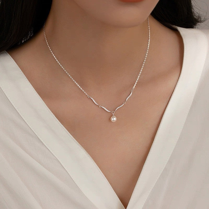 Silver Pearl Necklace For Women In 925 Sterling Silver With Electroplated Finish And Cable Chain