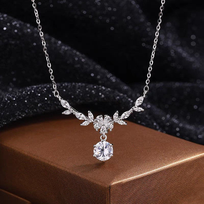 Sweet Purple Leaf Necklace For Women In S999 Silver With Zircon Inlay And Cable Chain