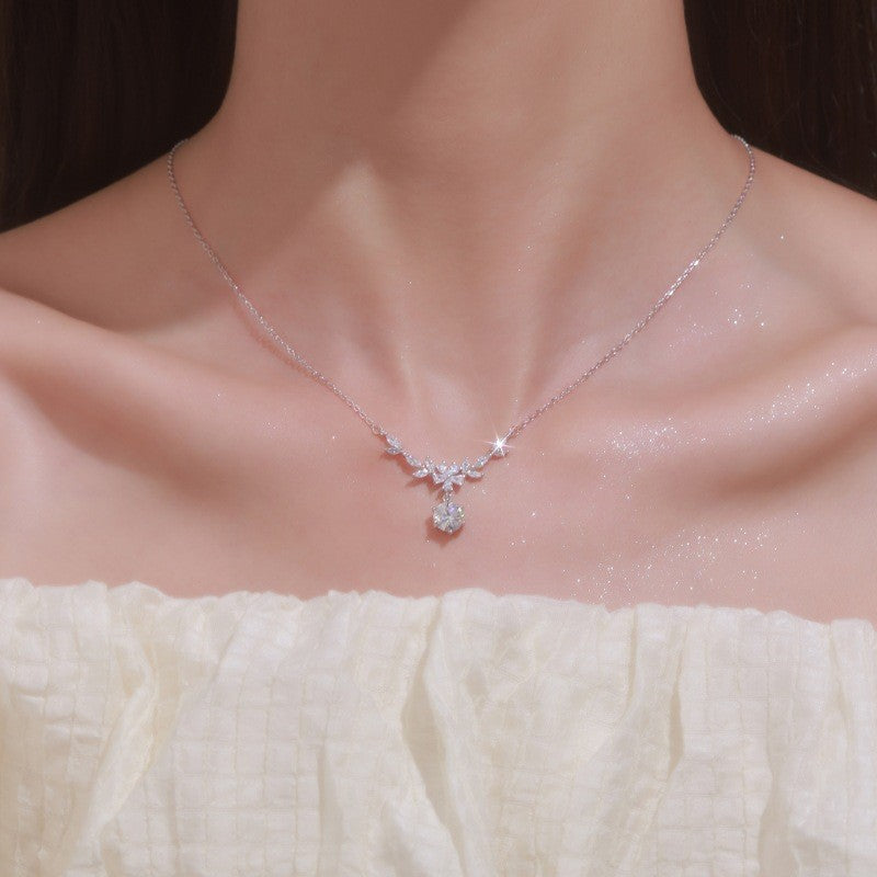 Sweet Purple Leaf Necklace For Women In S999 Silver With Zircon Inlay And Cable Chain