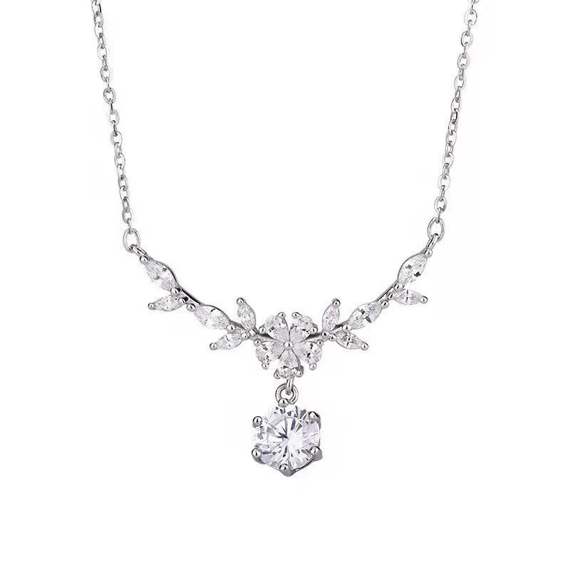 Sweet Purple Leaf Necklace For Women In S999 Silver With Zircon Inlay And Cable Chain