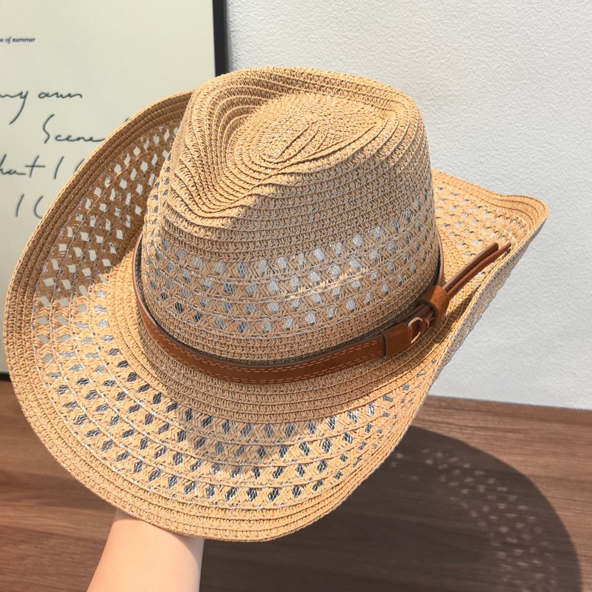 Original Design Solid Color Straw Hat For Adults With Wide Brim, Breathable Hollow Out Craft