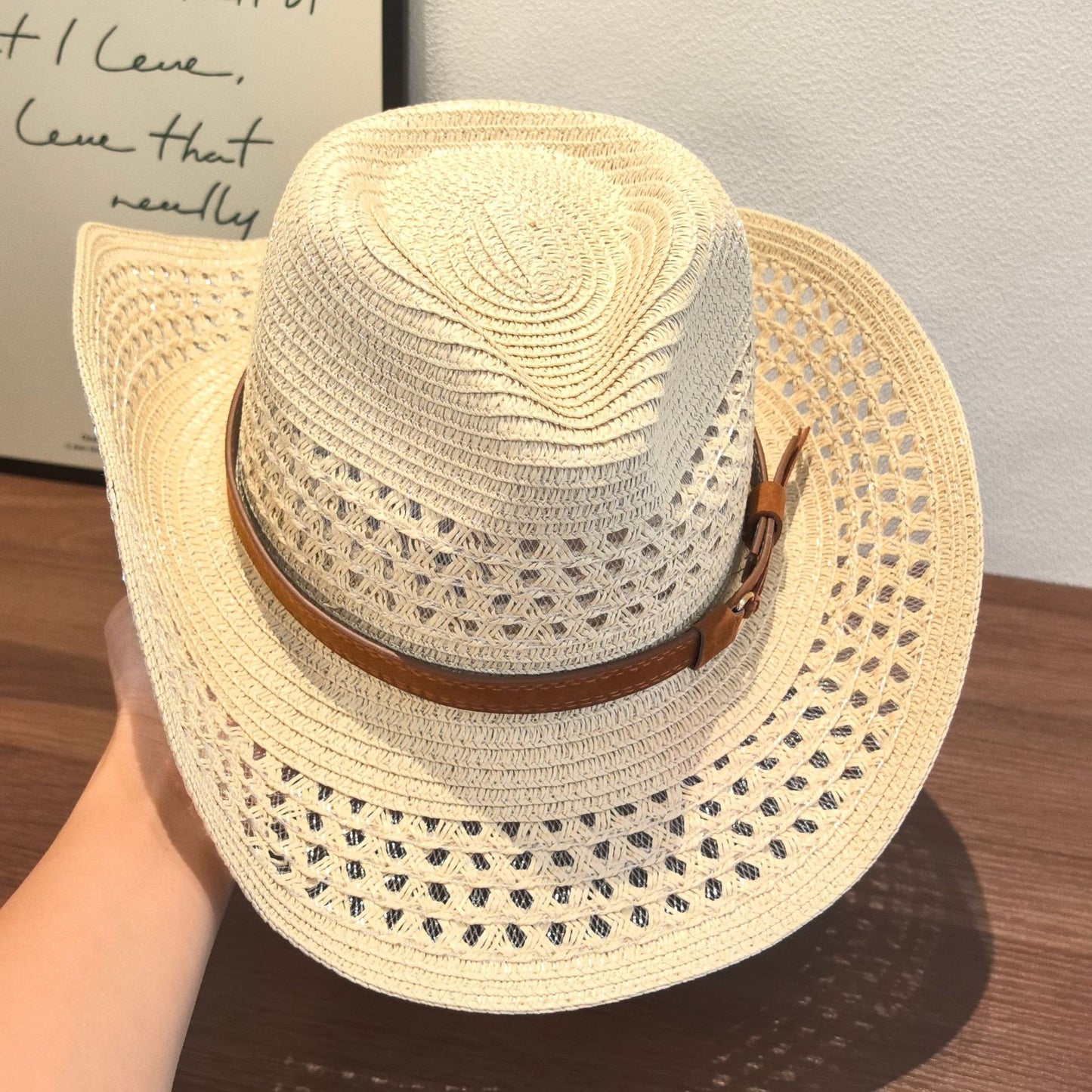 Original Design Solid Color Straw Hat For Adults With Wide Brim, Breathable Hollow Out Craft